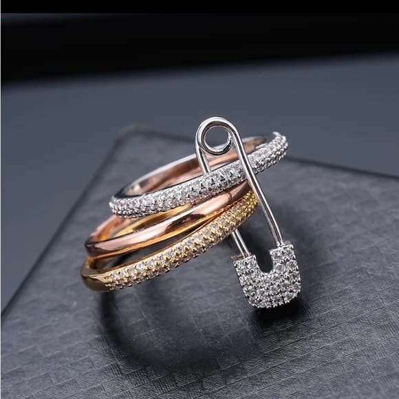 🆕 Cubic Zirconia Gold Silver & Rose Gold Tone Safety Pin Multi Layer Ring - Picture 4 of 7